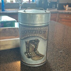 Source Unknown Cowboy Tin Canister - Silver and Brown